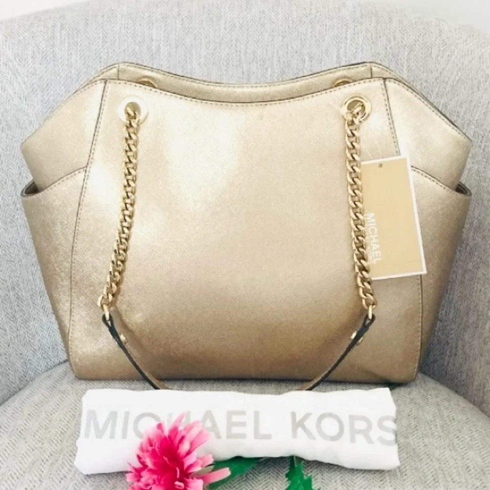 Michael Kors Saffiano Leather Gold Chain Tote Bag